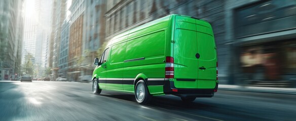 The green delivery van speeding through a busy urban street at sunrise