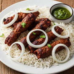 Delicious seekh kebabs served on a bed of fluffy white rice, garnished with fresh onion rings and a side of vibrant green chutney, presented on a white plate.