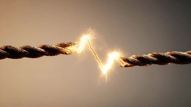 Electric sparks jump between a frayed rope, symbolizing breaking point and tension