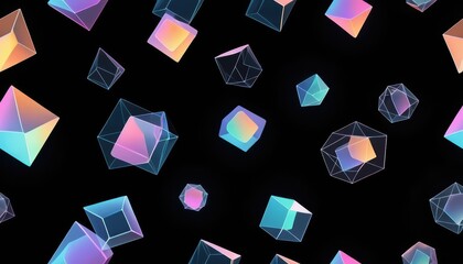 Floating 3D geometric crystals and prisms scattered across a dark void