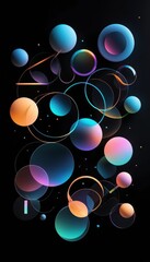 Abstract composition of floating glass spheres and glowing rings in deep space