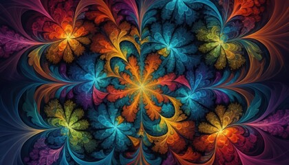 Intricate colorful fractal pattern with floral organic shapes and complex symmetrical details