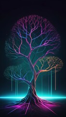 A vibrant glowing neon tree with complex neural branching on dark background