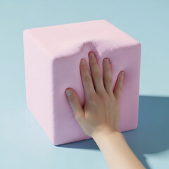 A hand pressing into a soft, pink foam cube, demonstrating its compressibility on a light blue background.