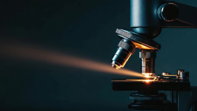 A detailed photograph of a microscope with a light shining through its lenses. The image captures the essence of scientific exploration, discovery and research
