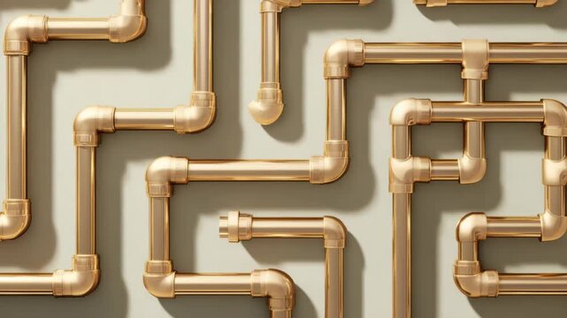 Intricate network of golden pipes on a textured wall. The pipes create a complex and visually interesting pattern with their interconnected design. 