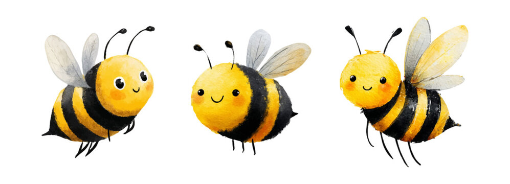 Adorable cartoon bumblebee set with happy  expressions. Flying insect characters near hives, spring blooms and sweet treats in cheerful vector illustration. Vector illustration.
