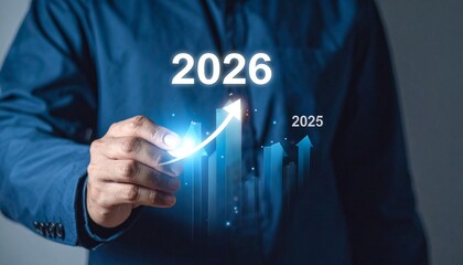 Businessperson with upward arrow and financial charts—symbol of market success and economic strategy.