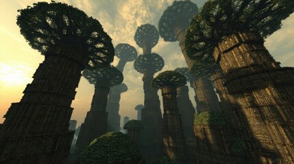 Towering ancient trees with organic canopies reach towards a misty sky, creating a mystical forest landscape.