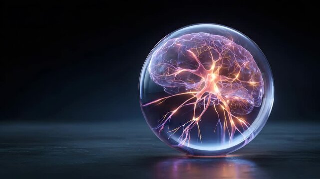A glowing brain model encased in a transparent sphere, representing innovation