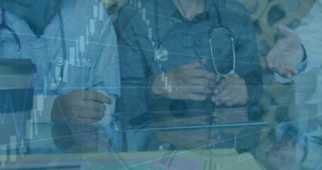 Animation of graphs and data over midsection of diverse female and male doctors shaking hands - Powered by Adobe