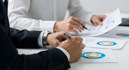Business professionals collaborating over charts and graphs during a meeting in a modern office setting