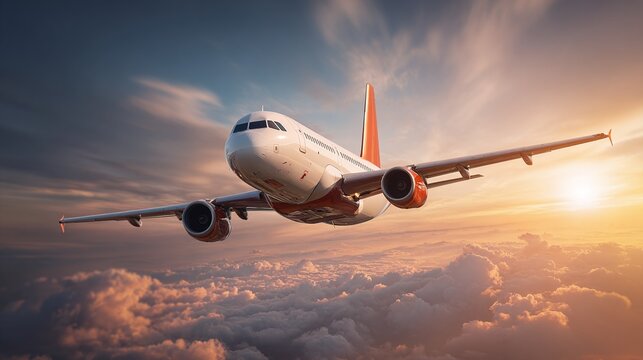 An airplane ascends through the clouds as the sun rises, its orange tail cutting through the sky. The airplane is contrasted against the warm sky, as the plane speeds through the air.