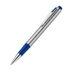 Silver and blue ballpoint pen with metal clip isolated on transparent background