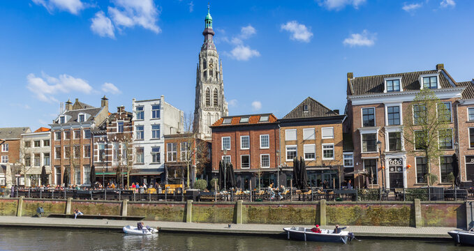 Panorama  of old houses and church tower at the canal in Breda, Netherlands