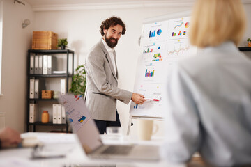A person presents charts and data in a bright office during a business meeting. Team members listen and engage with the information shared on a whiteboard.