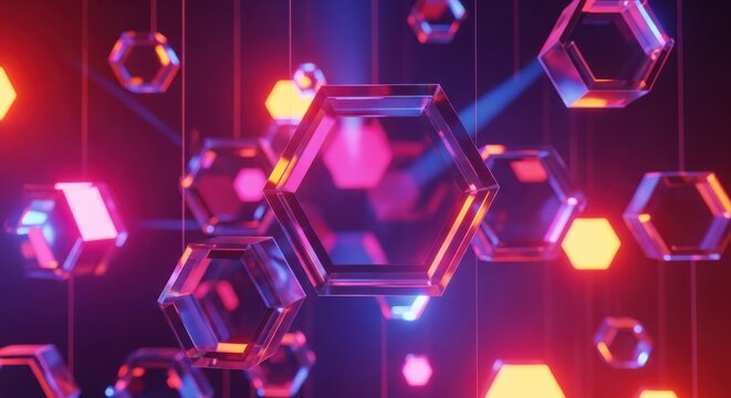 Abstract Hexagon Shapes Glowing Neon Lights - Powered by Adobe