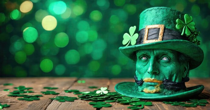 Green leprechaun head statue rests upon wooden surface. Clover decorations surround face, blurred background creates festive mood.