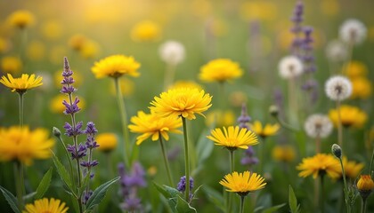 Fototapeta premium Close up photo shows vibrant yellow flowers. Many small yellow blooms, purple buds and fluffy white dandelions grow in meadow. Natural sunlight. Spring time