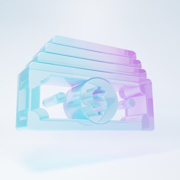 Frosted glass Stacks paper money cash icon isolated on white background. Money banknotes stacks. Bill currency. Minimalism concept. 3D render illustration