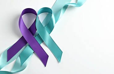 Two ribbons purple, teal stand for suicide prevention awareness. Hope, support, care, health. Mental health awareness essential. Raise awareness, show solidarity, support struggling on teal