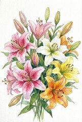 A vibrant bouquet of lilies in full bloom, showcasing an array of colors and delicate petals, creating a sense of natural beauty and elegance.