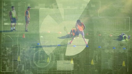 Animation of data processing over diverse male soccer players on sports field - Powered by Adobe
