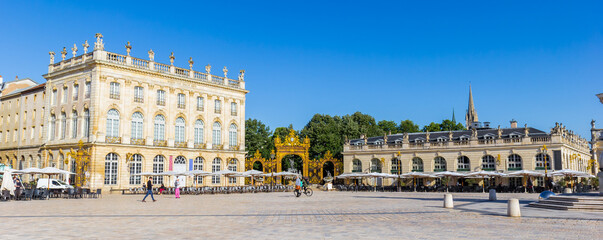 Panorama of cafes in historic buildings on the Stanislas square in Nancy, France