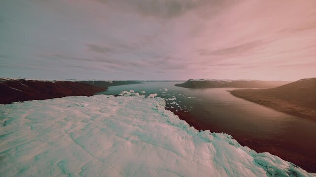 aerial icy coastline at sunset showing glacier edge, calm estuary, soft pink light, drone perspective, tranquil panoramic vista, field researcher survey, nature