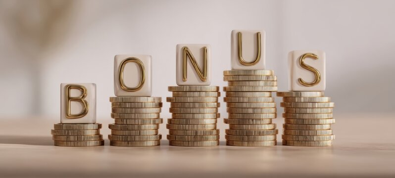The Stacked Coins with Bonus Letter Blocks Representing Growing Financial Reward and Incentives