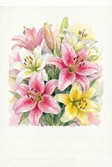 A captivating display of watercolor lilies, their delicate petals and vibrant hues conveying the elegance and grace of nature's artistry. The bouquet is a testament to the beauty of life.