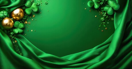 Dark green silk drapes frame golden spheres, clover leaves. Festive, elegant backdrop suggests luck, celebration. Rich textures, vibrant color.