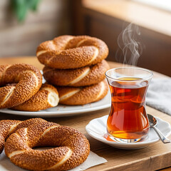 Steaming Turkish tea in a traditional glass served with freshly baked sesame-covered simit bagels on a wooden table.