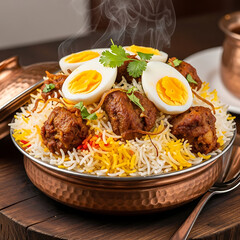 Steaming chicken biryani with boiled eggs and cilantro in a traditional copper bowl, served on a wooden surface.