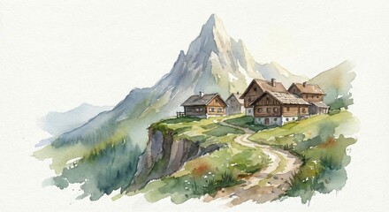 A picturesque mountain village nestled amidst rugged peaks, featuring a rustic charm and serene ambiance in a watercolor-like rendering.