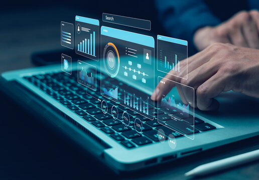 Business analytics dashboard with search interface and data visualization on laptop screen. Concept of digital analysis, performance tracking, data management, and modern business technology. - Powered by Adobe