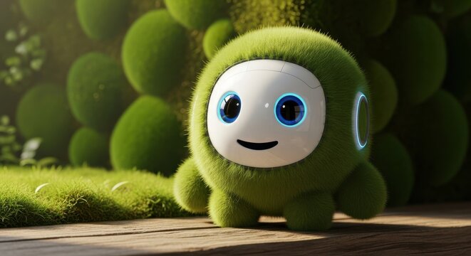 Cute Green Robot Character Smiling Outdoors