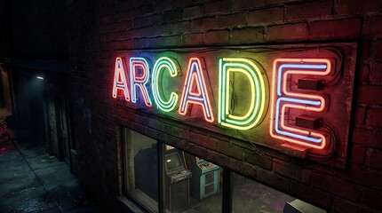 Colorful neon arcade sign glowing in moody urban alley.