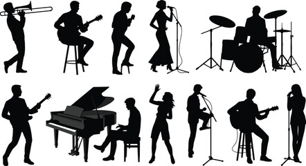 Musician silhouettes performance set, singers guitarists drummers pianists playing instruments, live music band concert collection, isolated black artist outline illustration