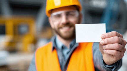 Construction worker displays a blank business card at a construction site. He's wearing safety gear, including a hard hat and vest, standing in front of a blurred construction background.