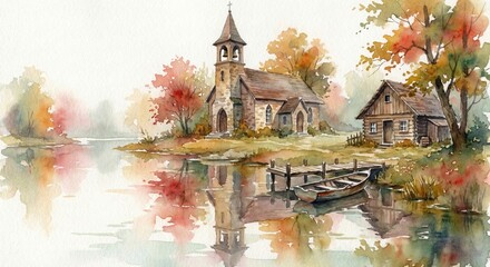 An serene watercolor painting of a quaint church and a small house next to a lake, autumn leaves in the air creating a calm atmosphere.
