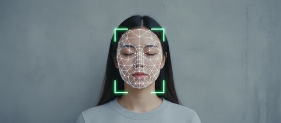 Young asian womans face shown with a digital mesh and scan box, representing biometric security technology and facial authentication for access or verification