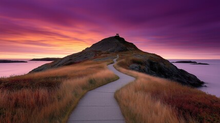 A winding road gently ascends a grassy hill, guiding the eye toward a secluded spot where a cozy building rests. The sky is painted in hues of purple and orange as dusk approaches