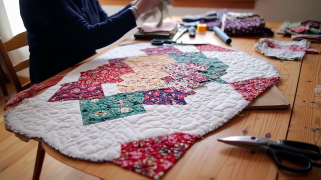 Creating a beautiful quilted table runner with colorful fabrics, a crafting project