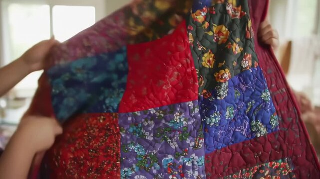 Close-up of a handcrafted patchwork quilt being carefully unfolded indoors