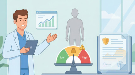Healthcare professional explaining bmi chart insights clinic setting infographic display informative perspective