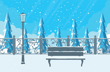 Winter park. Snowfall in a winter park.  Christmas vector illustration.