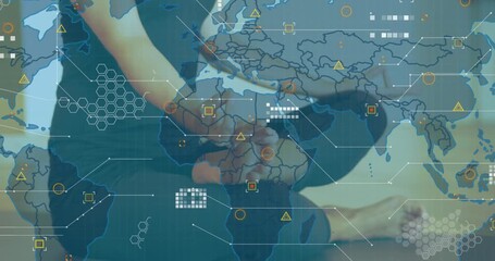 Animation of globe of network of connections with digital icons over business people - Powered by Adobe