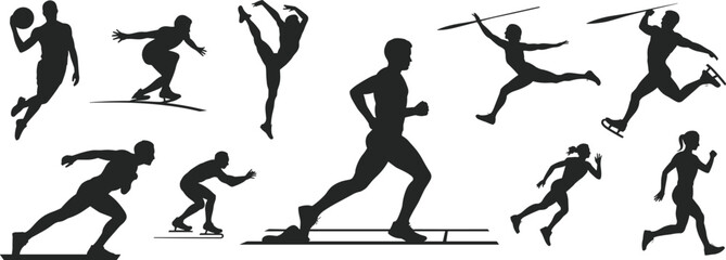 Athlete silhouette collection, running jumping throwing sports figures, track and field training actions, dynamic athletic poses isolated on white background