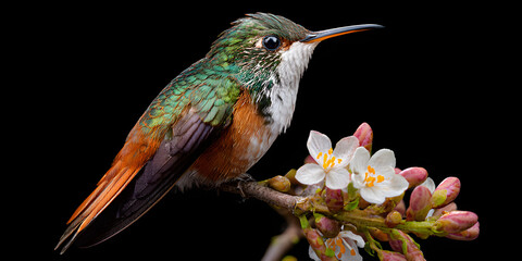 White bellied hummingbird feeding on red flower against dark background nature minimal